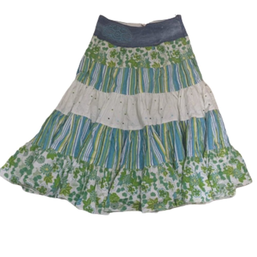 VINTAGE Blue White Green A-Line Peasant Skirt Girll Size 12